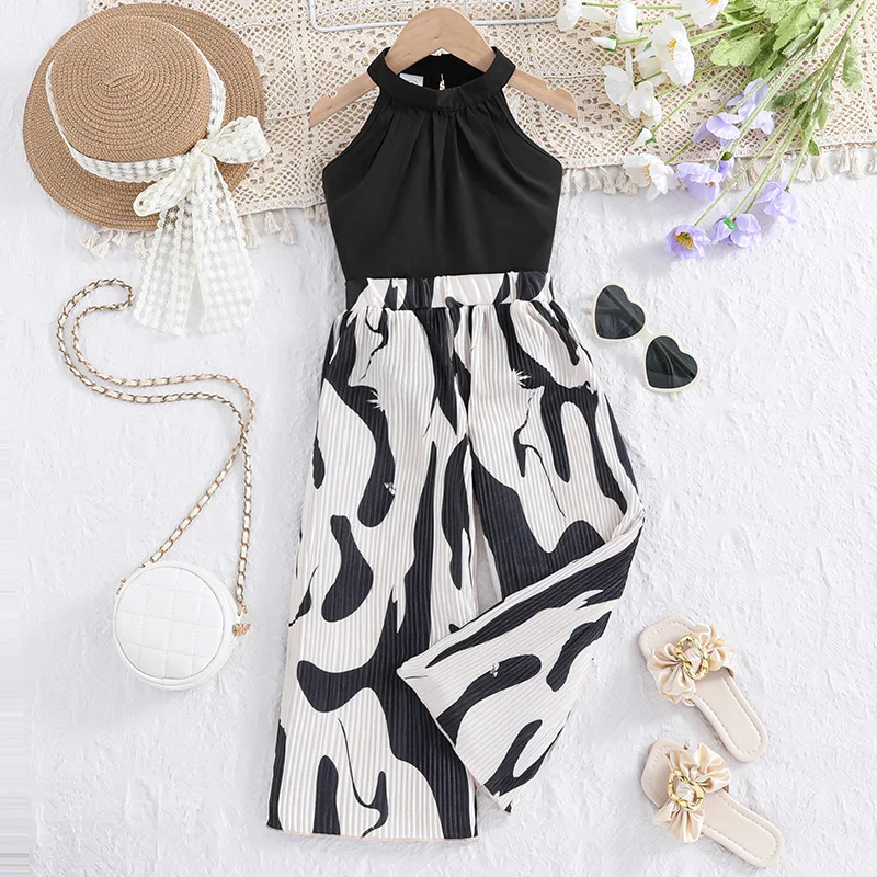 Kids Suits For Girl Black Sleeveless Top + Black Patterned Pants Two Piece Vacation Stylish Elegant Birthday Party Casual Set