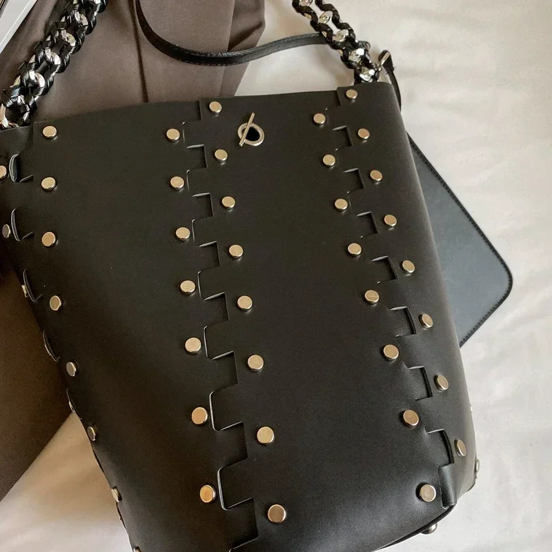 2024 Autumn New Pu Leather Rivets Bucket Bag 2 Pcs/Set Design Women's Vintage Crossbody Motorcycle Bag High Quality Shoulder Bag