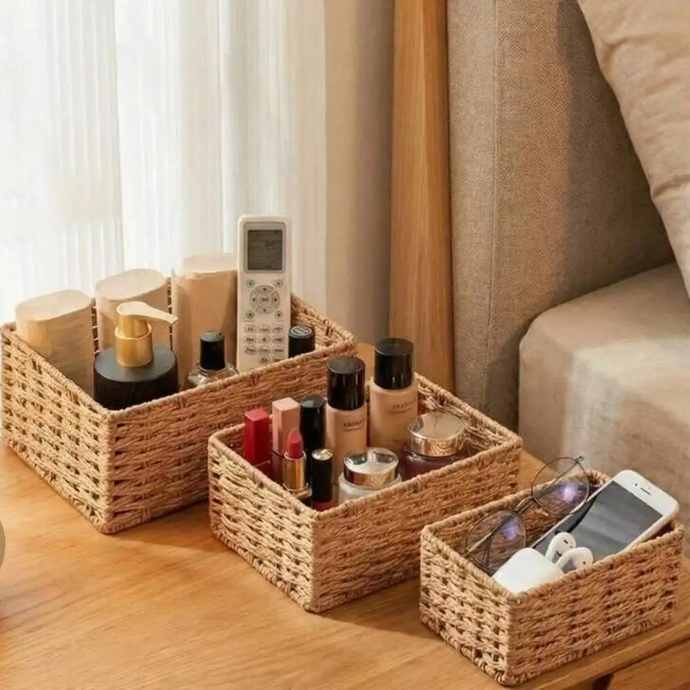 3Pcs Small Wicker Organizing, Woven Storage Basket Set Of 3 - Handwoven Natural Paper Rope Baskets To Declutter Any Room,