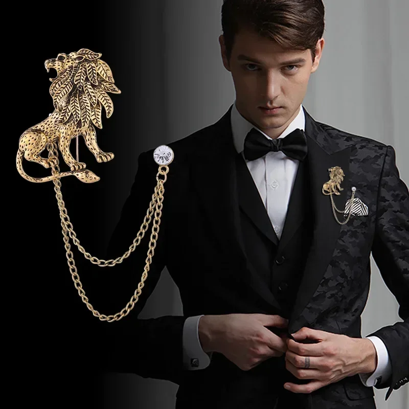 

Korean Fashion Crystal Lion Brooch Animal Tassel Chain Lapel Pins British Style Men's Shirt Collar Badge Clothing Accessories