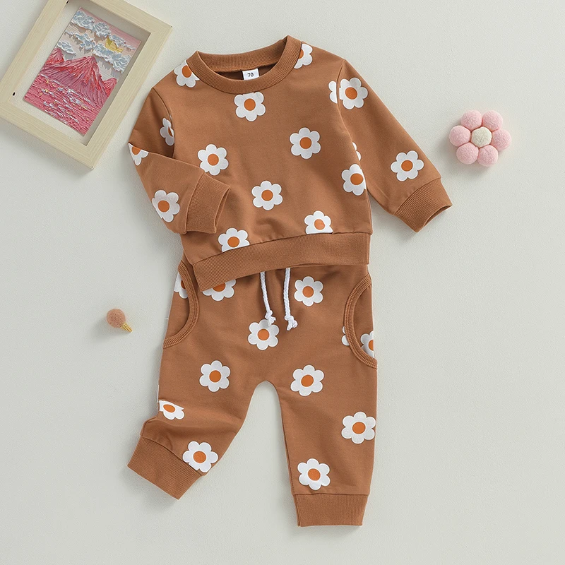 Toddler Baby Girl Spring Fall Round Neck Flower Print Long Sleeve Outfit Clothing Pullover Sweatshirt Pants Elastic Pockets Set