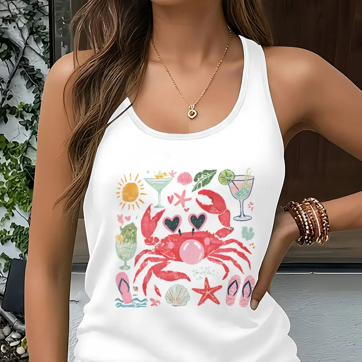 Women's Vest Funny Crab Graphic Tank Top Beach Vibes Nautical Summer Outfit Crab Blowing Bubble Graphic Top Summer Vacation Gift
