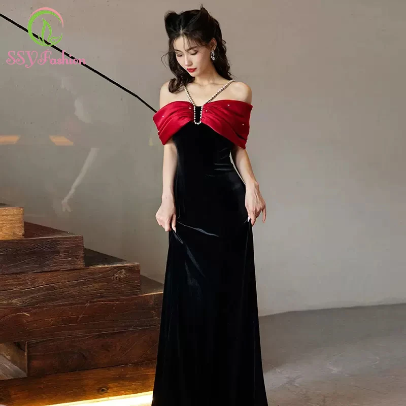 

SSYFashion New Black Velour Mermaid Evening Dress Halter Slim Simple Fishtail Party Formal Gowns for Women Vestido De Festa