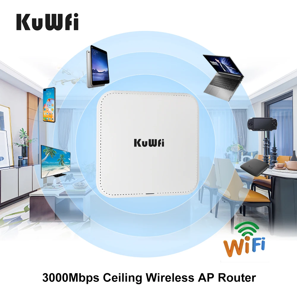 KuWfi 3000Mbps Ceiling Wireless AP Router 2.4G 5G Dual Band Wifi6 Router Access Point with Gigabit WAN LAN Port Support 48V POE