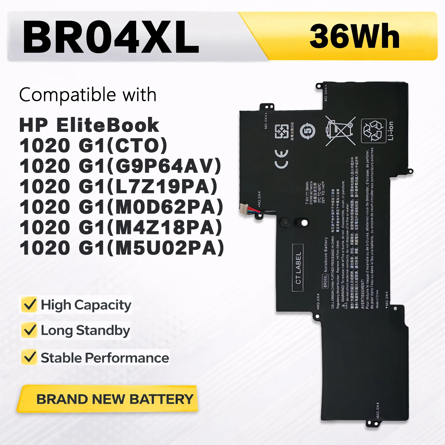 

Аккумулятор PowerHub BR04XL для ноутбуков HP EliteBook 1020 G1 Series HSTNN-DB6M HSTNN-I26C 760505-005 759949-2C1 7.6V 36Wh