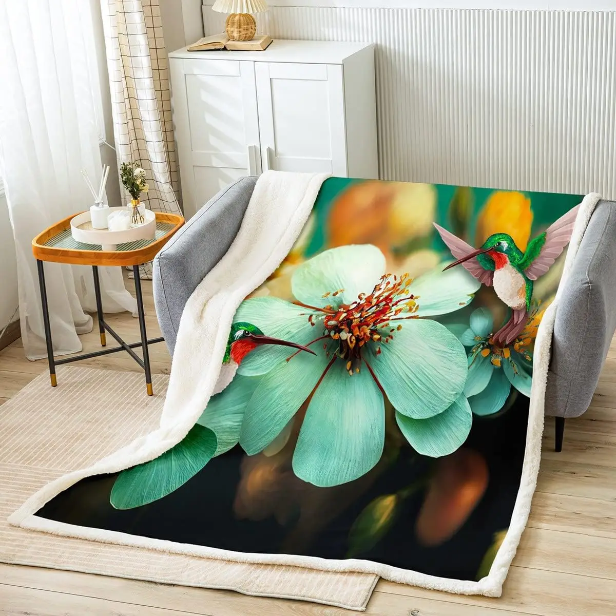 

Green Flowers Throws Blanket,Cute Birds Animal and Floral Sherpa Blanket for Girls Teens, Sprint Plant Natural Scenery