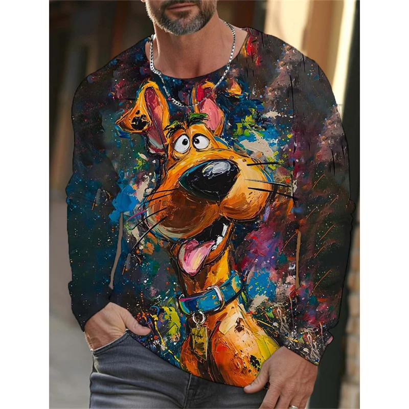 Cute Dog Lion Pattern T-Shirt For Men Funny Animal 3D Printed T Shirts Autumn Casual Long Sleeves Loose Round Neck Tops Tees