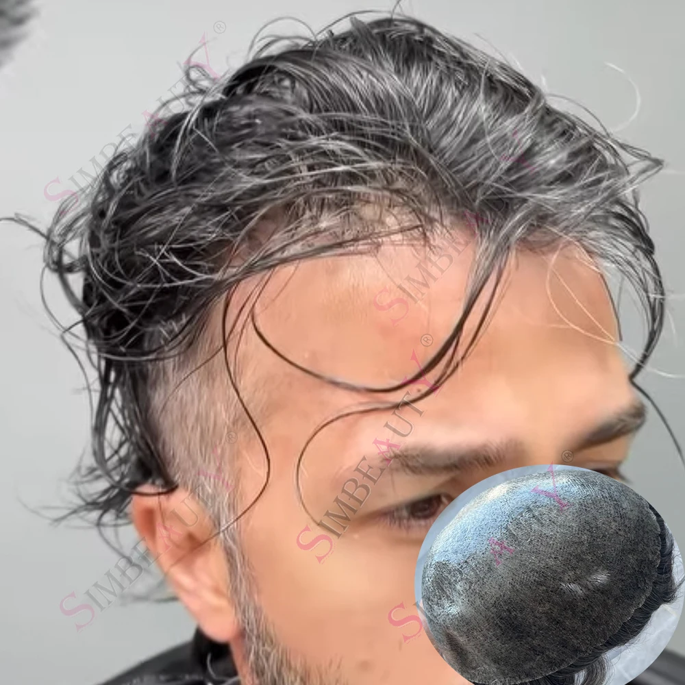 1B65 1b40 1b20Grey Human Hair Natural Hairline Black Men Hair Toupee 30mm Undetectable Long Last Strong Skin Toupee Man Hair Wig