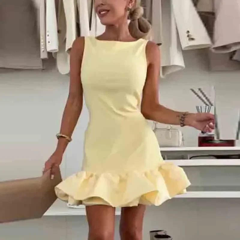 2025 Elegant Black Ruffle Mini Dress Women Sleeveless Bodycon Dresses For Women Off Shoulder Sleeveless Party Dress Boho