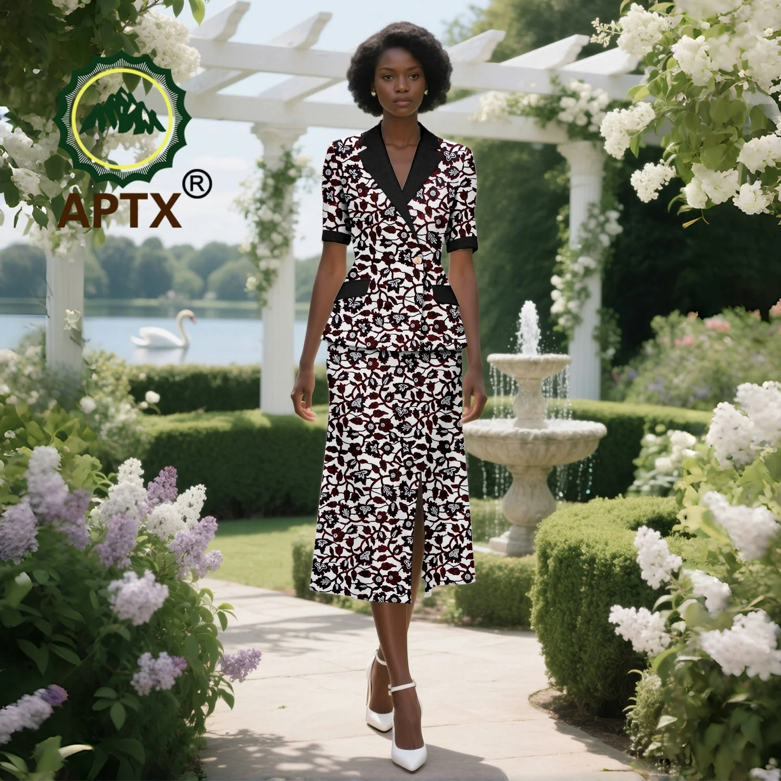 

African Clothes for Women Ankara Print V-Neck Short Sleeve Top and Mid-Calf Skirt two-piece Set Dashiki Casual Party Dress