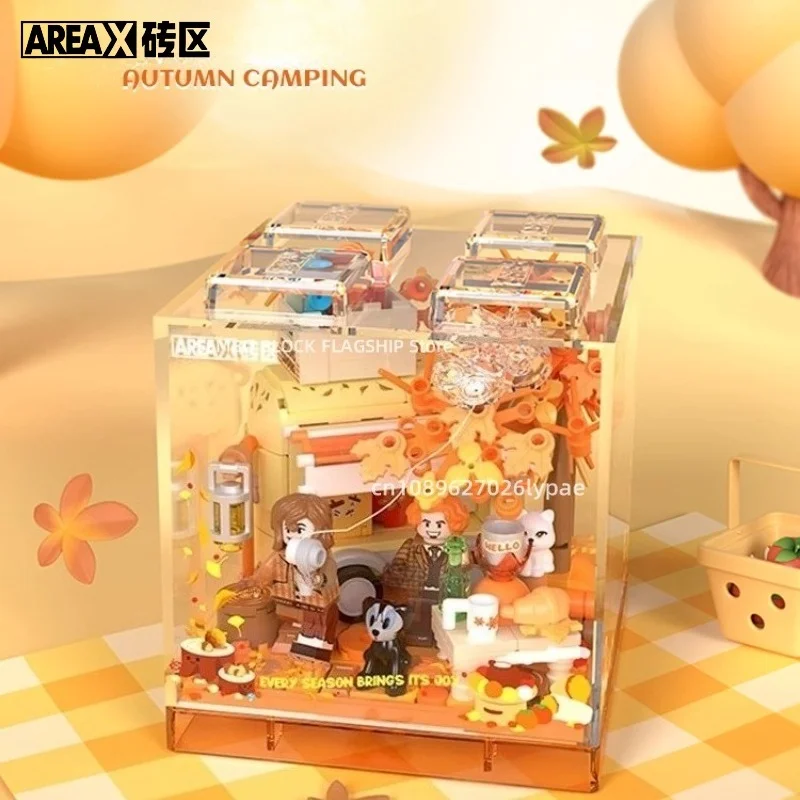 Blocchi di costruzione assemblati per quattro stagioni da campeggio Divertimento campeggio Scatola Kawaii Modello giocattolo Ornamenti per il desktop Regali di festa per bambini