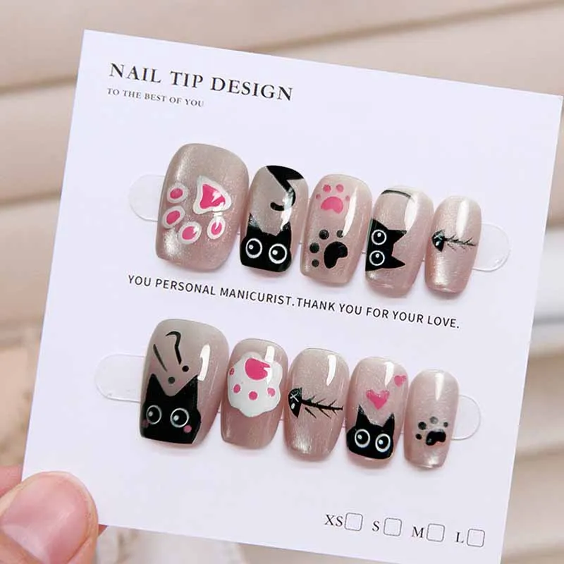 10Pcs Girls Cute Cat and Dog Print Shining Cat Eyes Press on