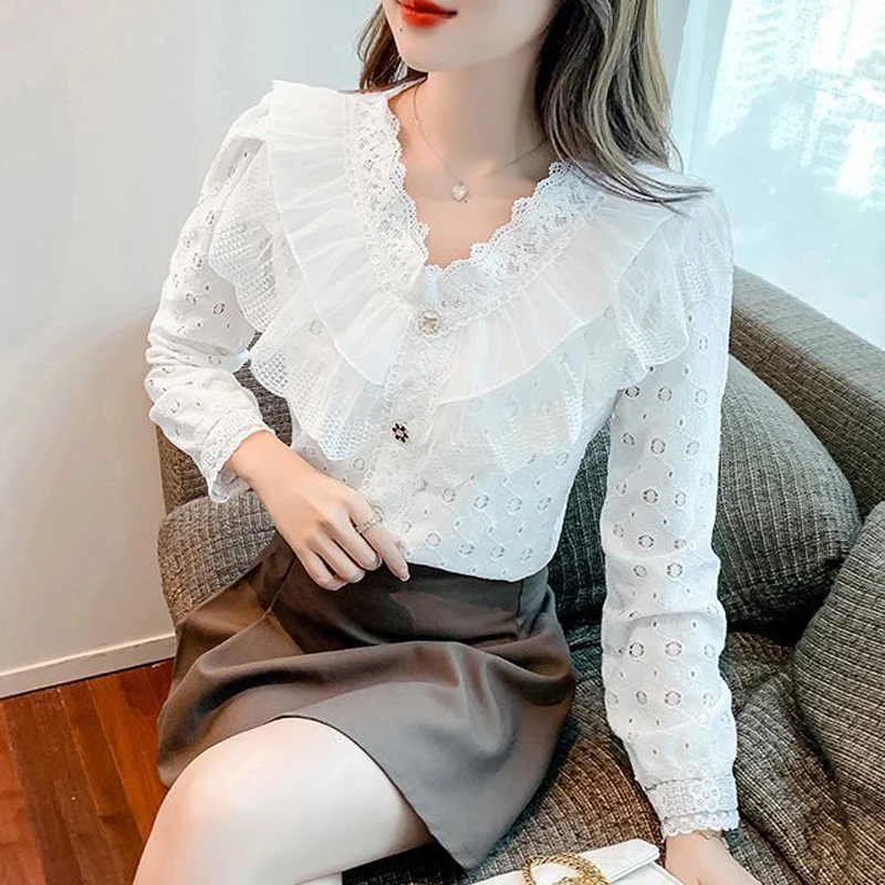 Women\'s Fashion Ruffles Embroidery Lace Hollow Out Button Up Shirt Fairy Sweet Chic Blouse Female Casual V Neck Long Sleeve Tops