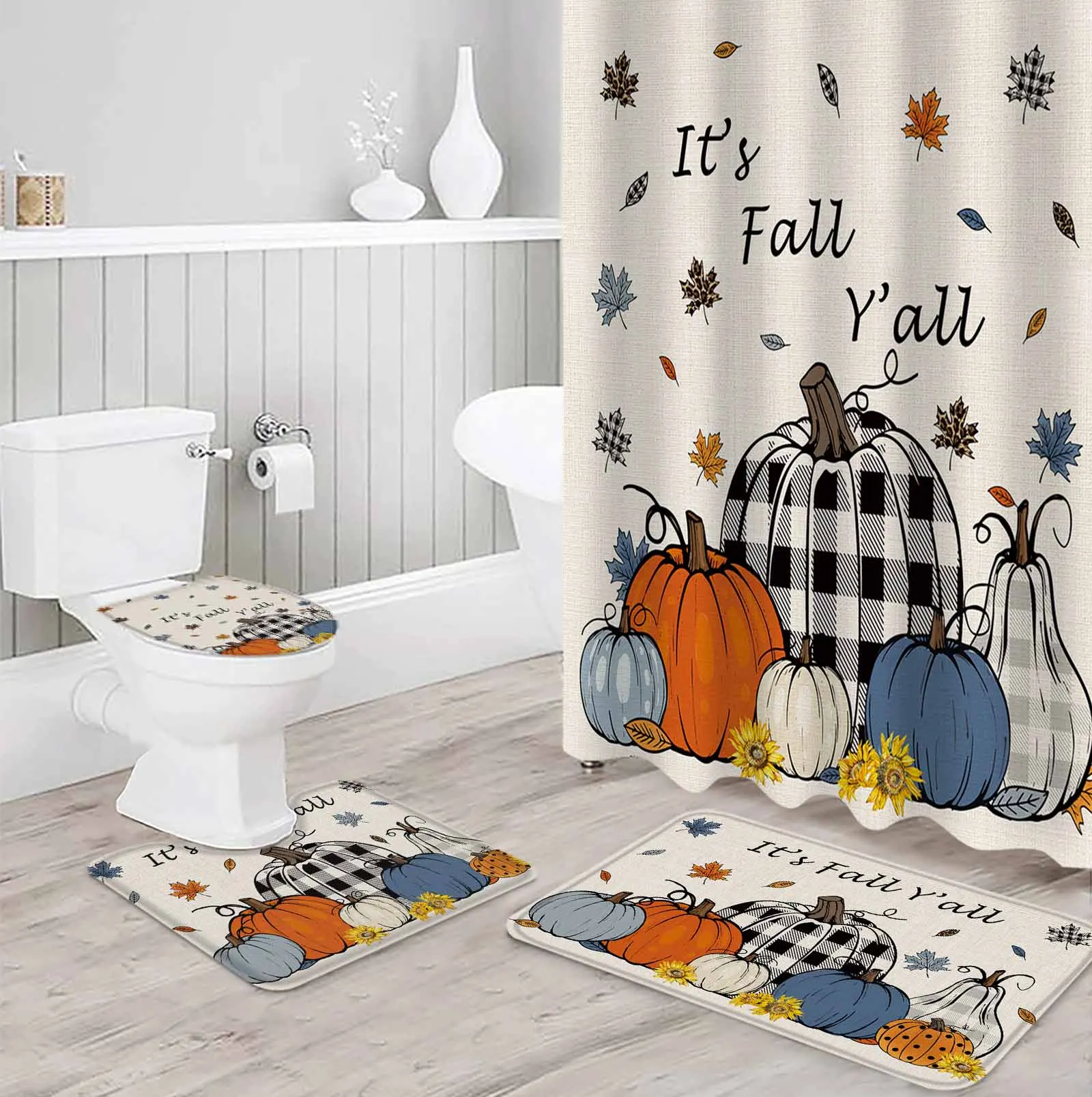 Autumn Blue Pumpkin Polyester printed shower curtain bathroom set,luxurious curtainsabstract 4-piece setcoral fleece floor mat