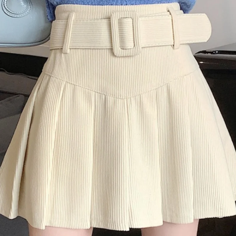 Fashion Zipper Solid Color Sashes Casual Corduroy Mini Skirts Female Clothing 2024 Spring New Loose Korean Pleated Skirts