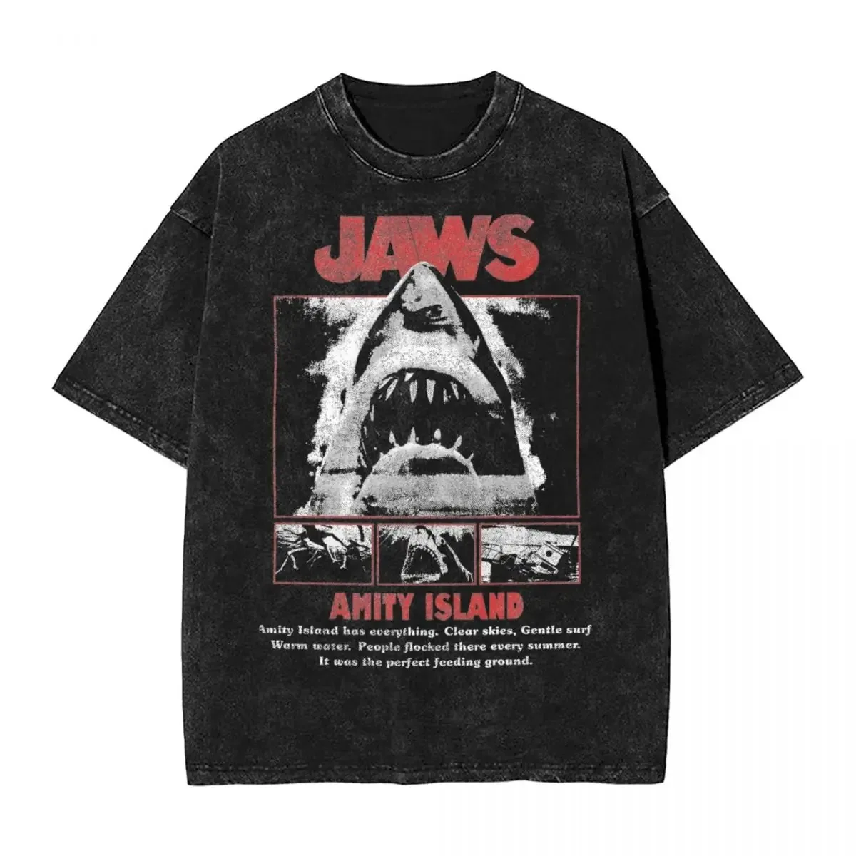 Jaws Photo Negative Panel Portraits T Shirts Hip Hop Washed Cotton Street T-Shirt for Men Women Streetwear Printed Tee Shirt