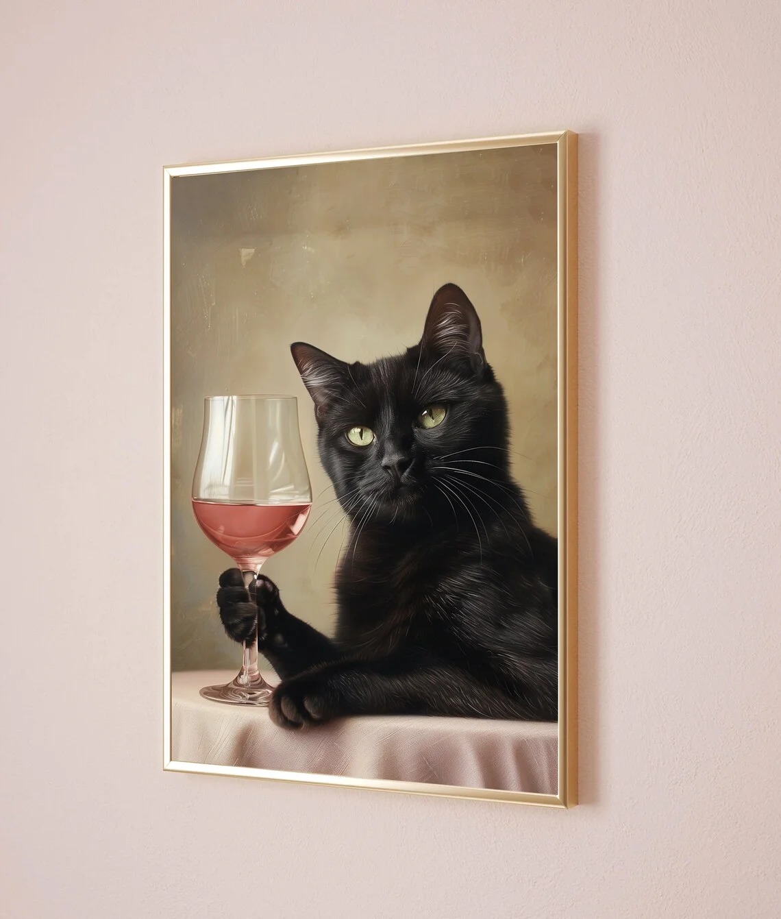Black Cat with Glass of Wine Pink Print Animal Preppy Poster Painting Modern Boho Wall Art Girly Dorm Tween Teen Room Decor Fram view 5