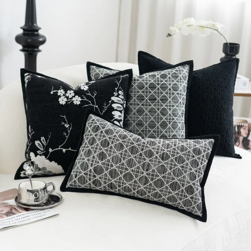 Elegant Black and White Jacquard Cushion Cover Textured Woven Decorative Throw Pillow Case with Contrast Edge for Couch Sofa