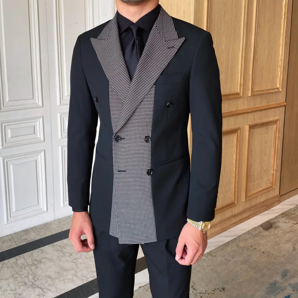 

Spliced Black Men Suit Tailor-Made 2 Pieces Blazer Pants Tuxedo Double Breasted Sequins Slim Fit Wedding Groom Prom Tailored