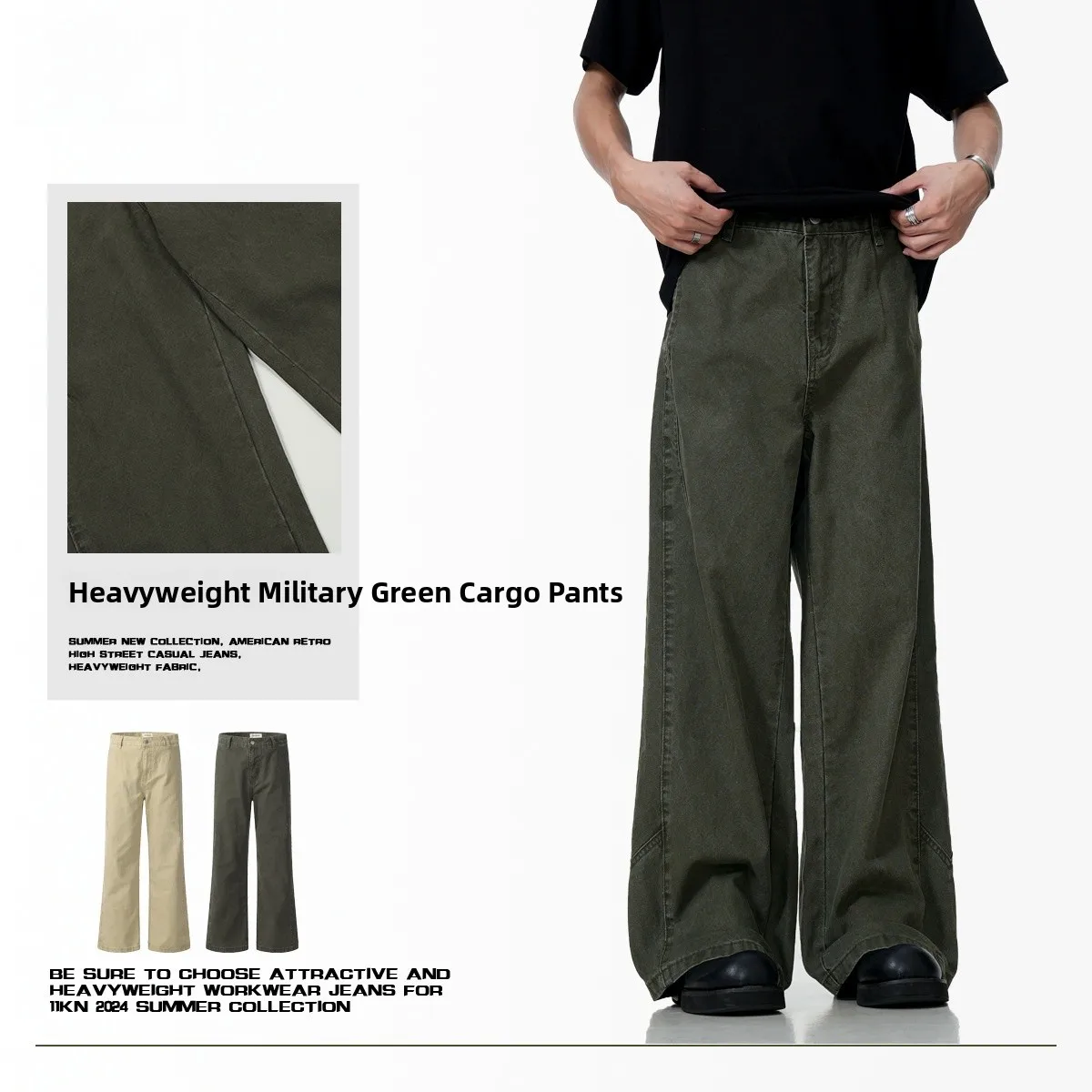 

Retro American Work Pants Men's Summer Waed Khaki Straight Loose Wide Leg Long Trousers Faion Urban Sle Cotton Casual P...