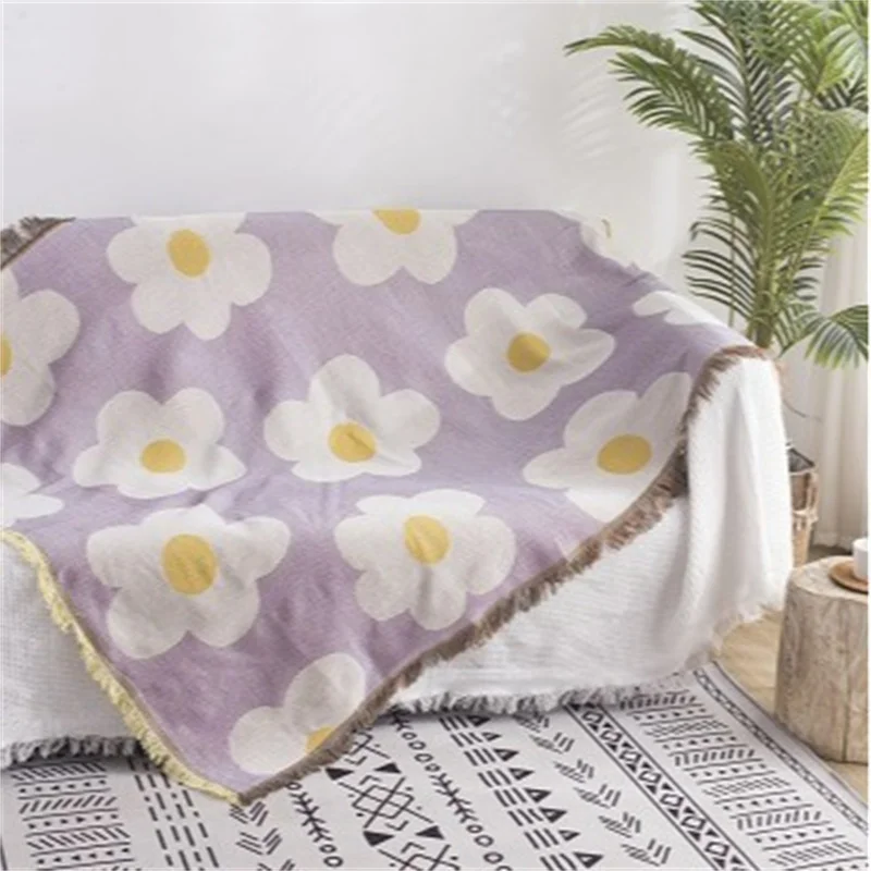 

Purple Poached Egg Flower Pattern Sofa Blanket Couch Protector Universal Throw Blankets with Tassel for Living Room Four Seasons