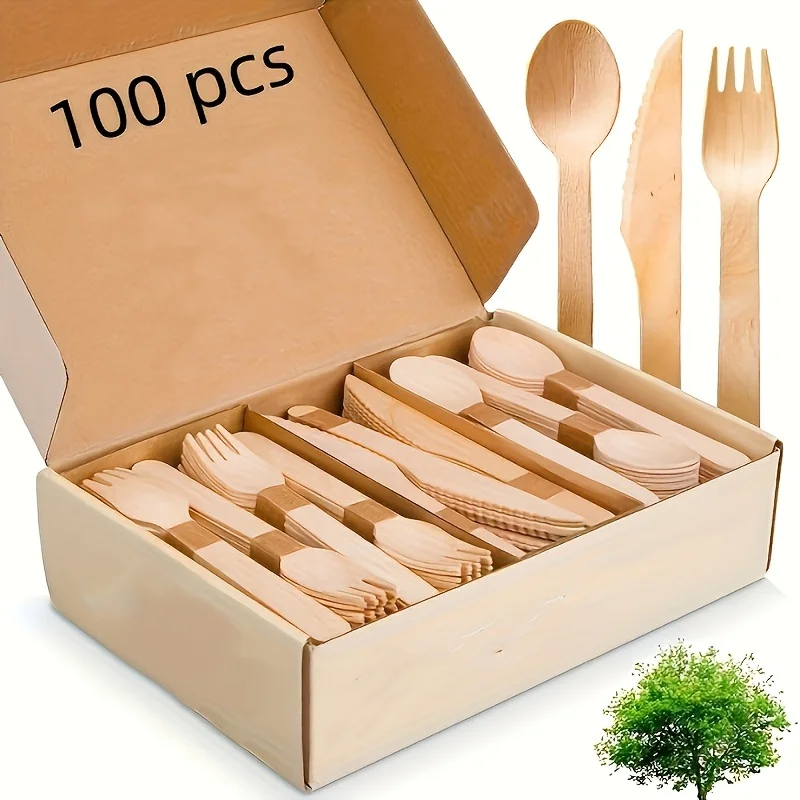 Un juego de cubiertos de madera premium: 100/200 utensilios desechables (50/100 tenedores, 25/50 cuchillos, 25/50 cucharas), adecuado para eventos y servicios de catering, incluye 5. 5 pulgadas / 6. Herramientas de 3 pulgadas, contiene juegos de vajilla de madera de 14 cm/16 cm, adecuados para uso diario, uso al aire libre y uso en fiestas.