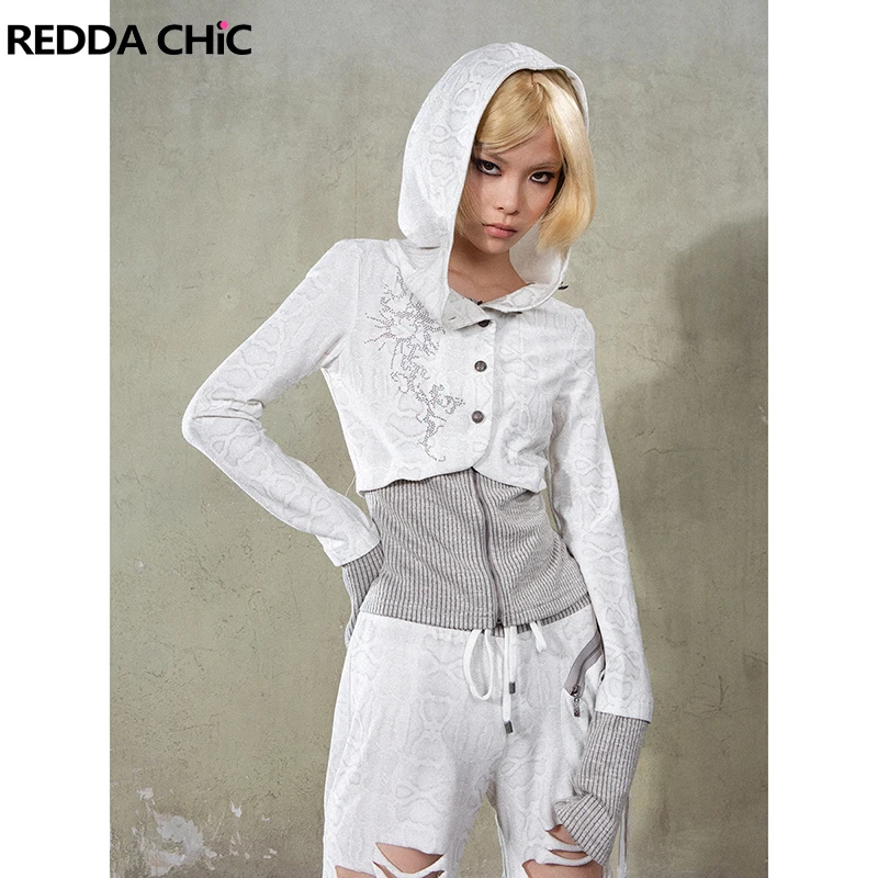

REDDACHiC Rhinestone Leopard Women Sweatshirt Jacket Knit Patchwork Long Sleeve Zip Up Hooded Cardigan Top Retro Y2k Clothes