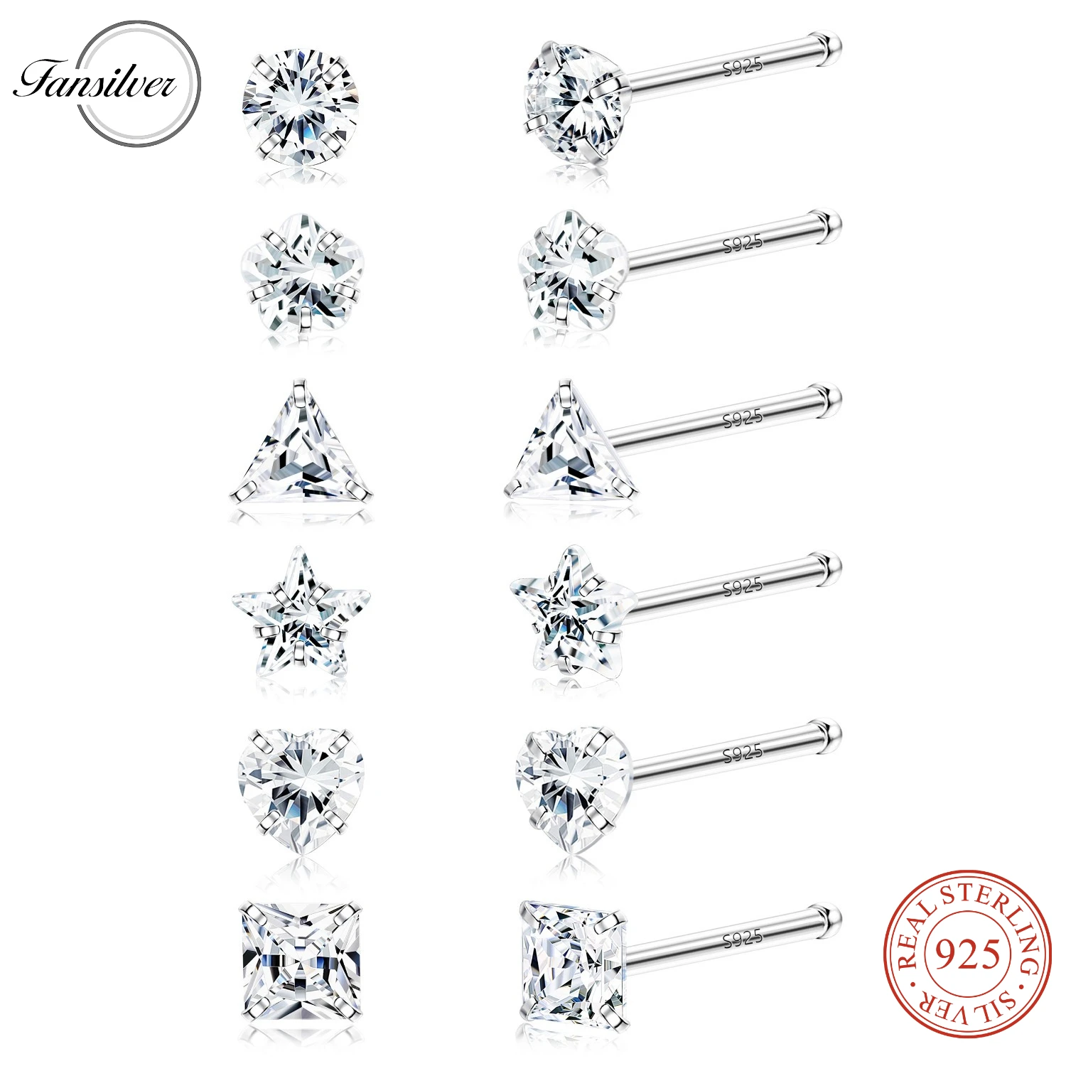 

20G Nose Studs 12Pcs Sterling Silver Nose Studs for Women Assorted Shapes CZ Nose Studs Cubic Zirconia Nose Piercing Jewellery