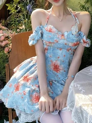 Summer Sweet Slim Print Dress Women Kawaii Cute Ruffle Strappy Off Shoulder Clothes Female Temperament Fashion Princess Dress