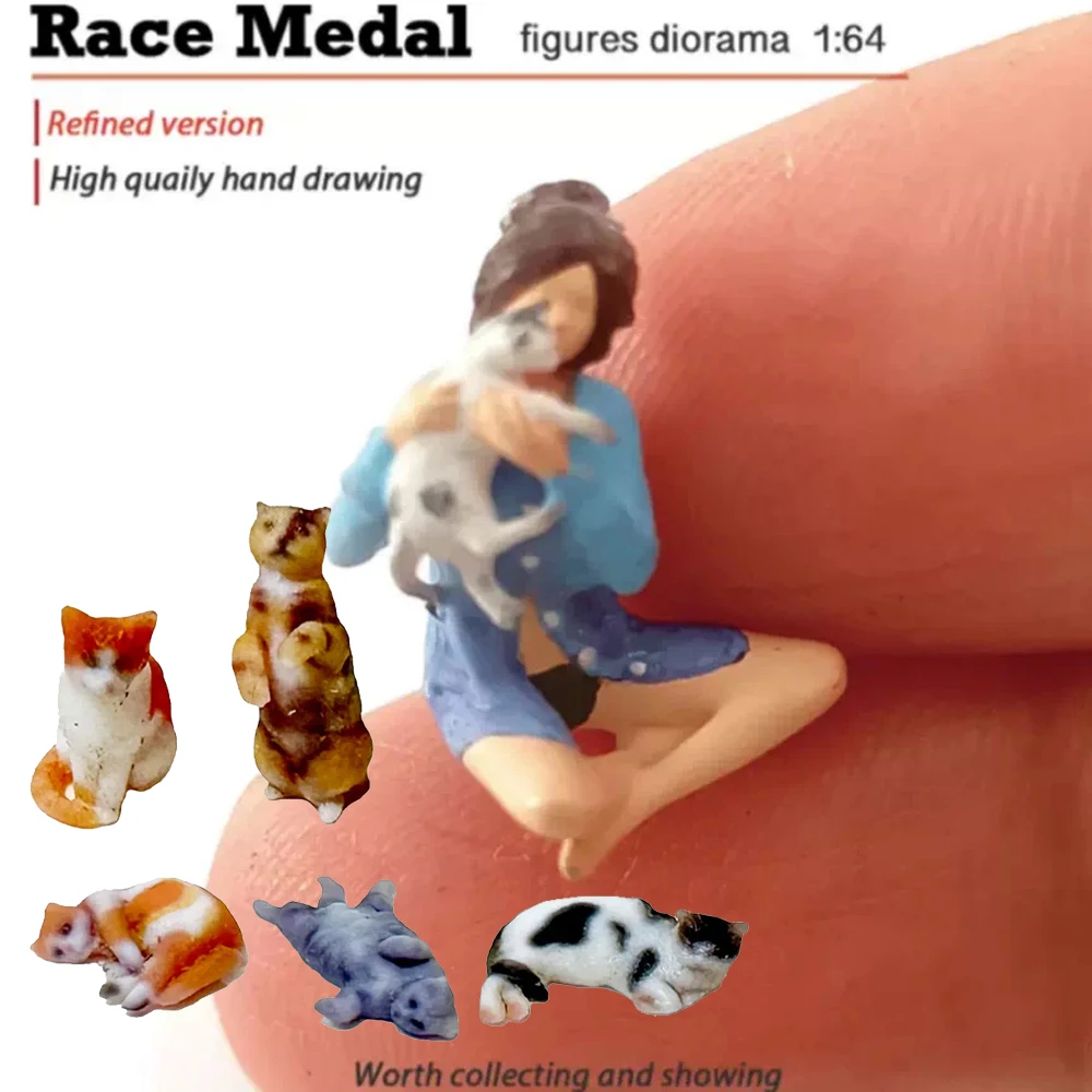 Painted Miniature 1/64 Scale Cute Animals Cat Playing With Cat Female Figure 3D Print Doll Scene Accessory Props Desk Decor
