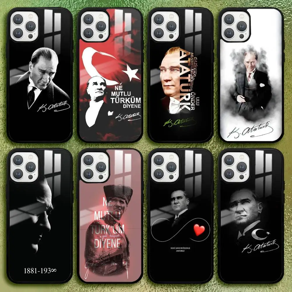 M-Mustafa Kemal A-Ataturk حافظة هاتف مميزة لهاتف آيفون 11 12 13 14 15 16Pro Max Plus نسيج زجاجي عالي الجودة