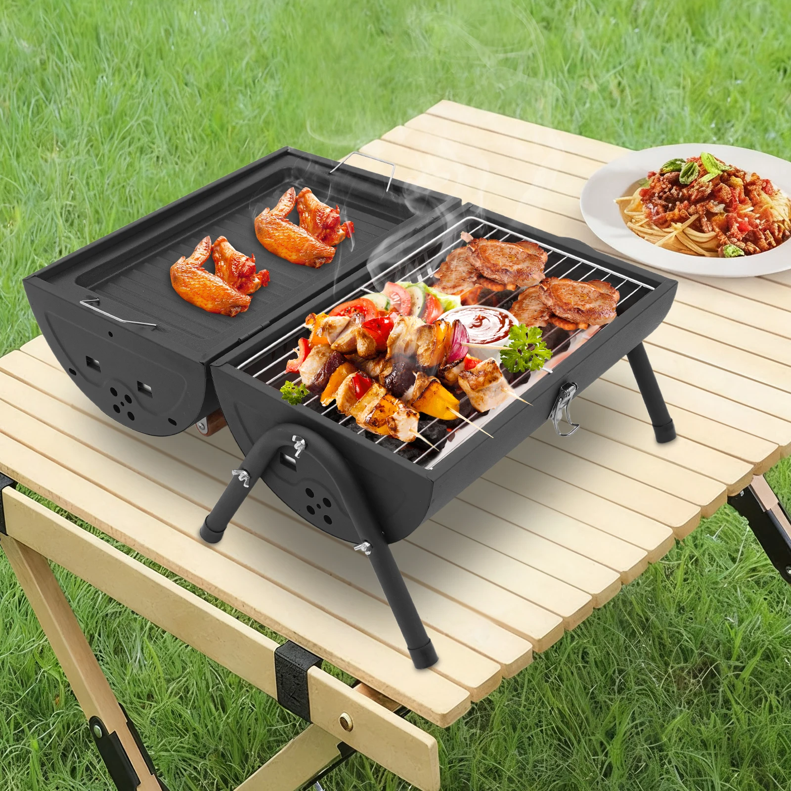 

16.93*11.42*14.96in Portable Charcoal Grill Black Tabletop Charcoal Grill with 2 Baking Nets& 1 Baking Pan