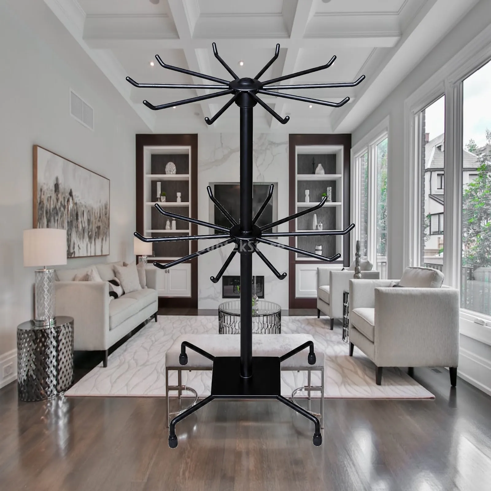 Spinning Display Stand Rack Metal Two Tier Rotating Organizer with Hooks for Hanging Small Accessories Jewelry Scarves Gloves