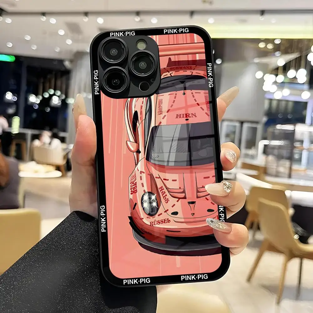 Sports Car 911 Pink Pig Mouse Pad For iPhone 13 14 12 15 11 Pro XS Max Plus Mini White and Black Tempered Glass Cover