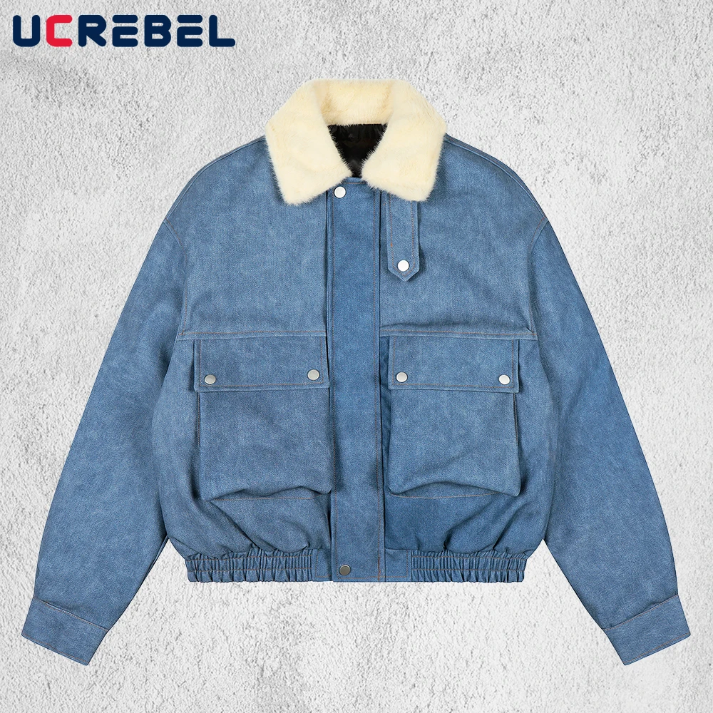 

Big Pocket Motorcycle Padded Jacket Mens Winter Retro High Street Fur Collar Long Sleeve Loose Thick Quilted Jacket Man