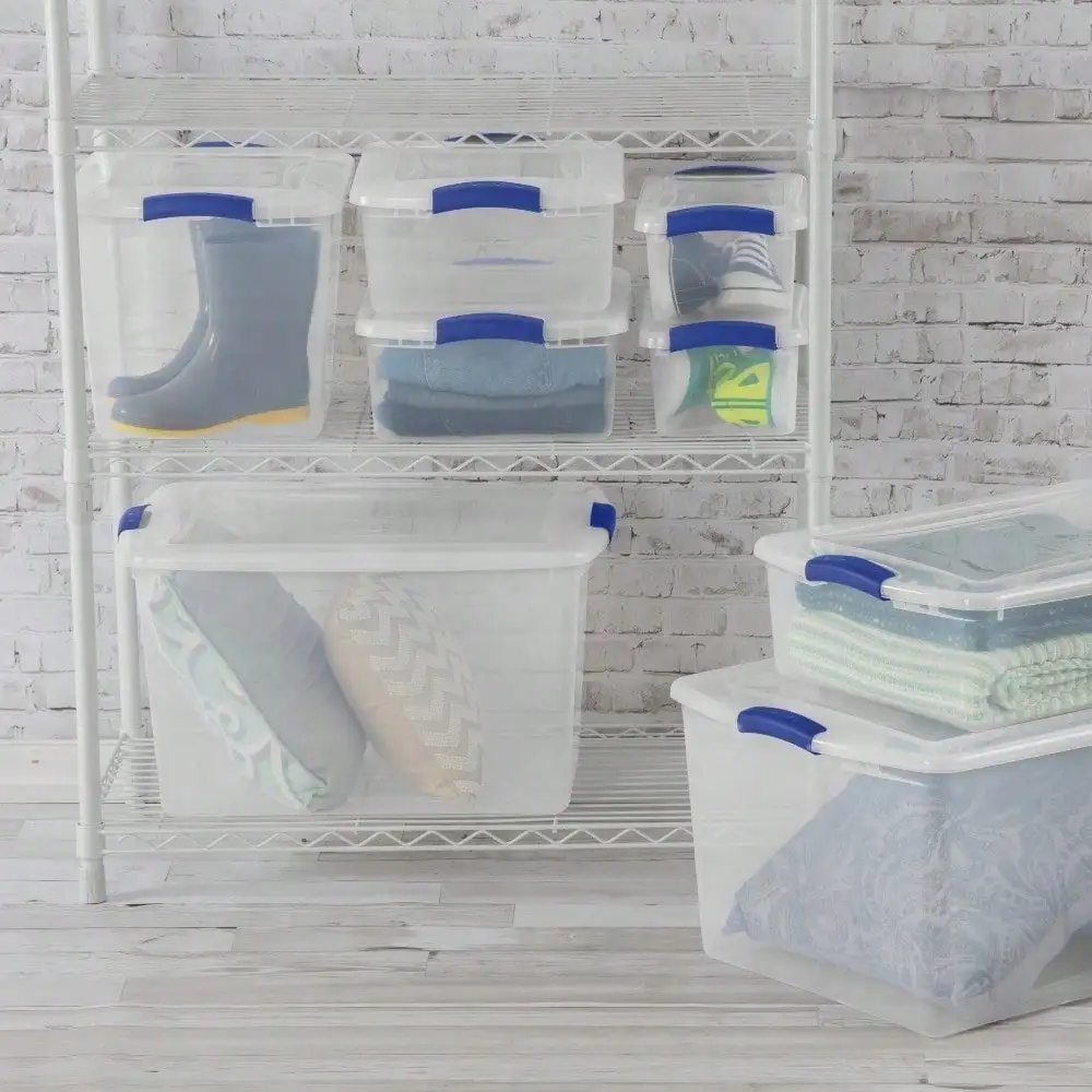 3-Pack 7 Quart Small Clear Plastic Storage Bins with Latching Lids, Stackable Organizer Containers for Home Organization, Kitchen Pantry, Office Supplies, Craft & Closet Storage, Transparent with Blue Latches view 6