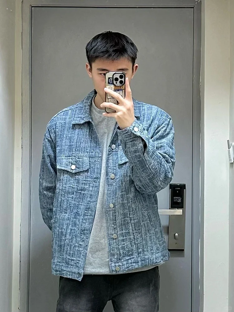 

Светло-голубая мужская джинсовая куртка с воротником-стойкой, рабочая куртка, весенне-осенняя, винтажная, из смесового хлопка, модная верхняя одежда