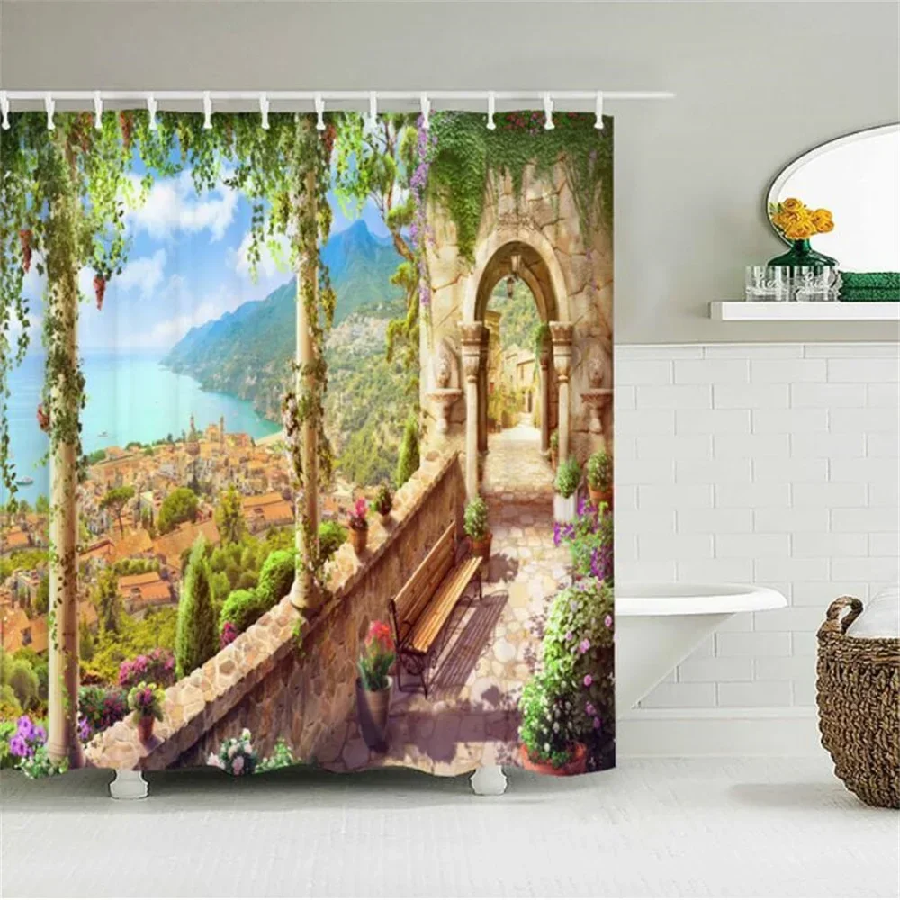 Home Wall Decor European Building Garden Patio Landscape Shower Curtains Bathroom Curtain Waterproof Bath Curtains for Bathroom