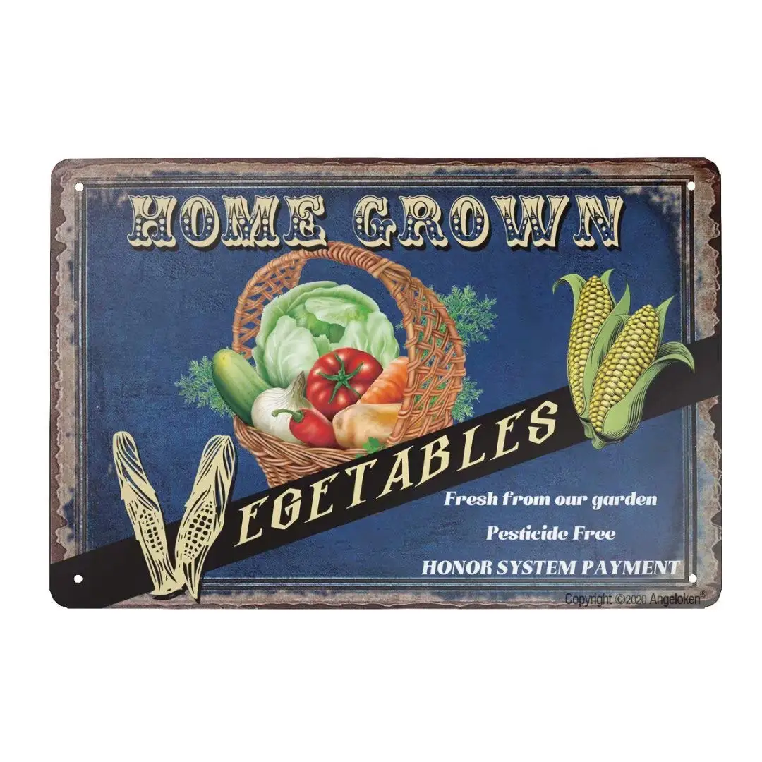 Retro Tin Sign Vintage Metal Sign Home Grown Vegetables Fresh from Our Garden Pesticide Free Wall Poster Plaque for Home Kitchen