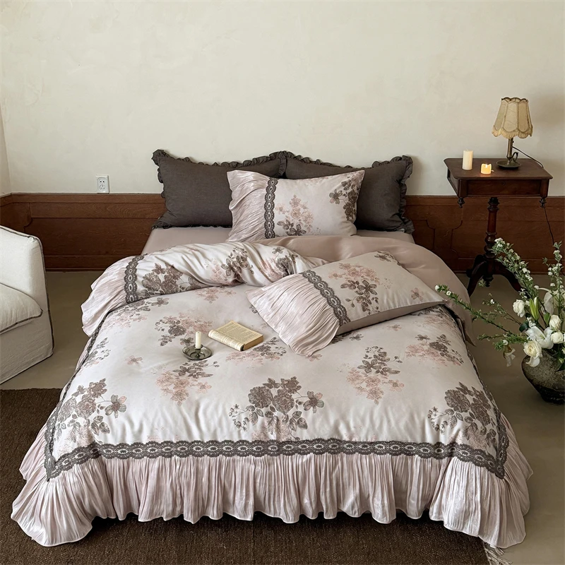 Retro Floral Lyocell Bedding Set with Lace Trim, Cooling Bed Sheet for Summer Nude Sleep, Luxury Pleated Ruffle Duvet Cover 4pcs