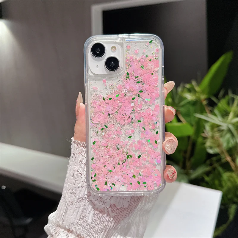 Floating Small Floral Mini Decoration Liquid Case Cover for iPhone 15 14 Pro Max 13 Shell Hard Clear Color Flowers Funda Carcasa