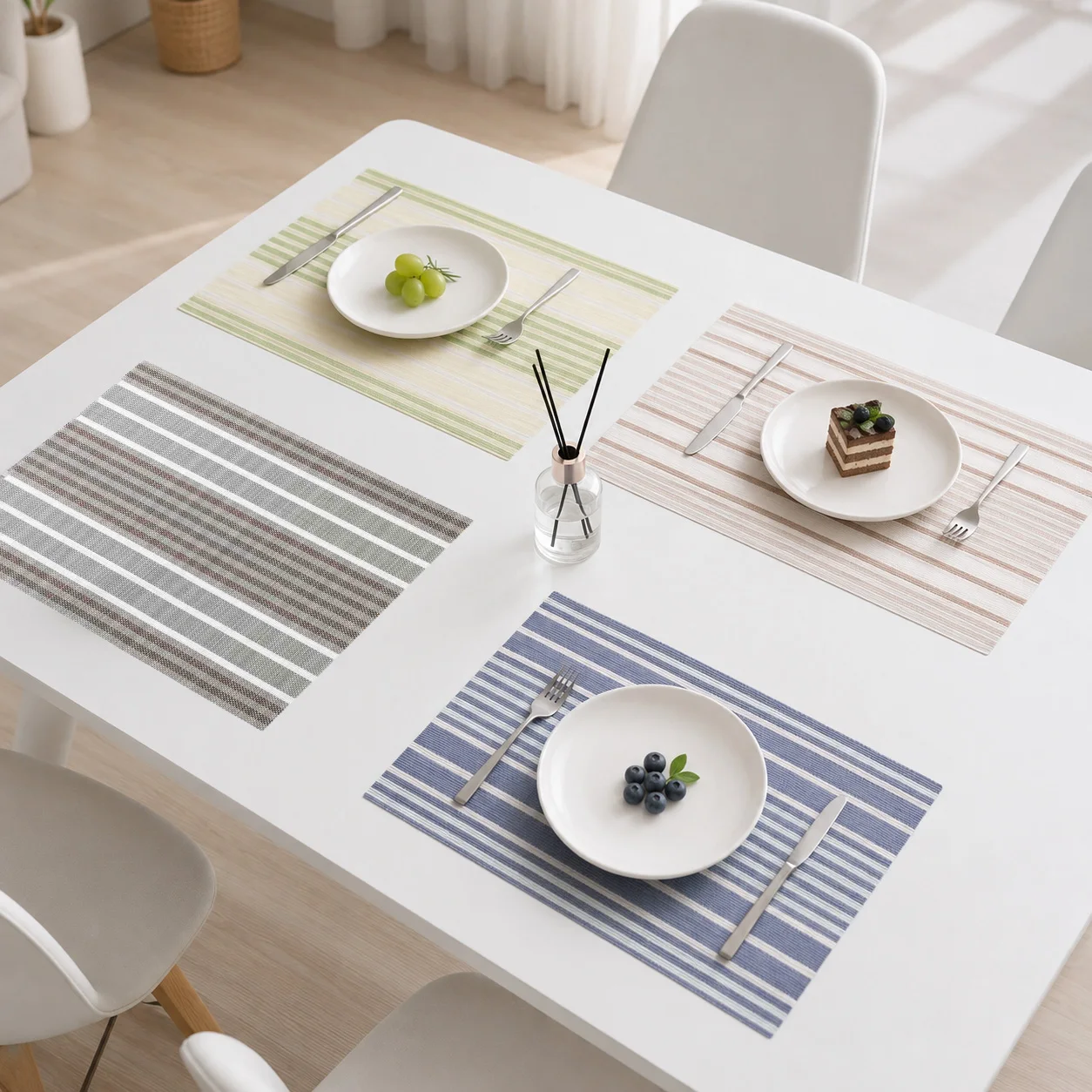 Contrasting color horizontal stripes PVC placemats home western food mats curl storage suitable for home tableware.