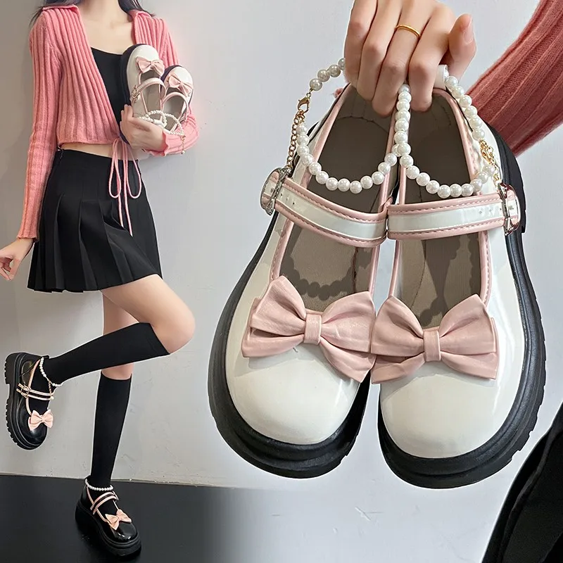 bows Lolita Shoes kawaii mary jane shoes Women Japanese Style Vintage Girls High Heel Platform shoes College Student JK