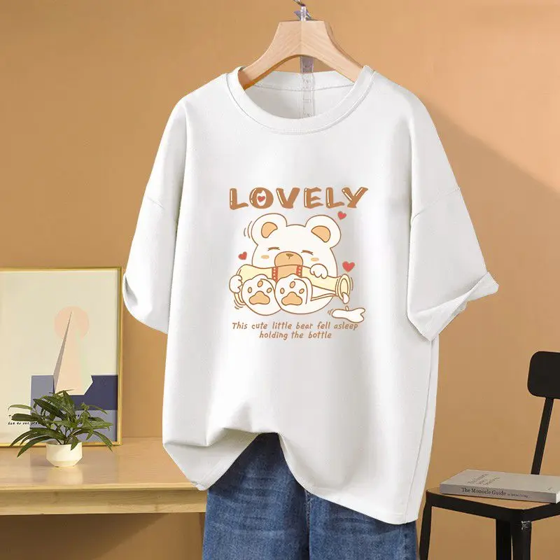 

Summer Fashion Loose Casual Pullovers, Women Clothing Basic Short Sleeve Top Tee, Cartoon Printed 100% Cotton O-neck T-shirt