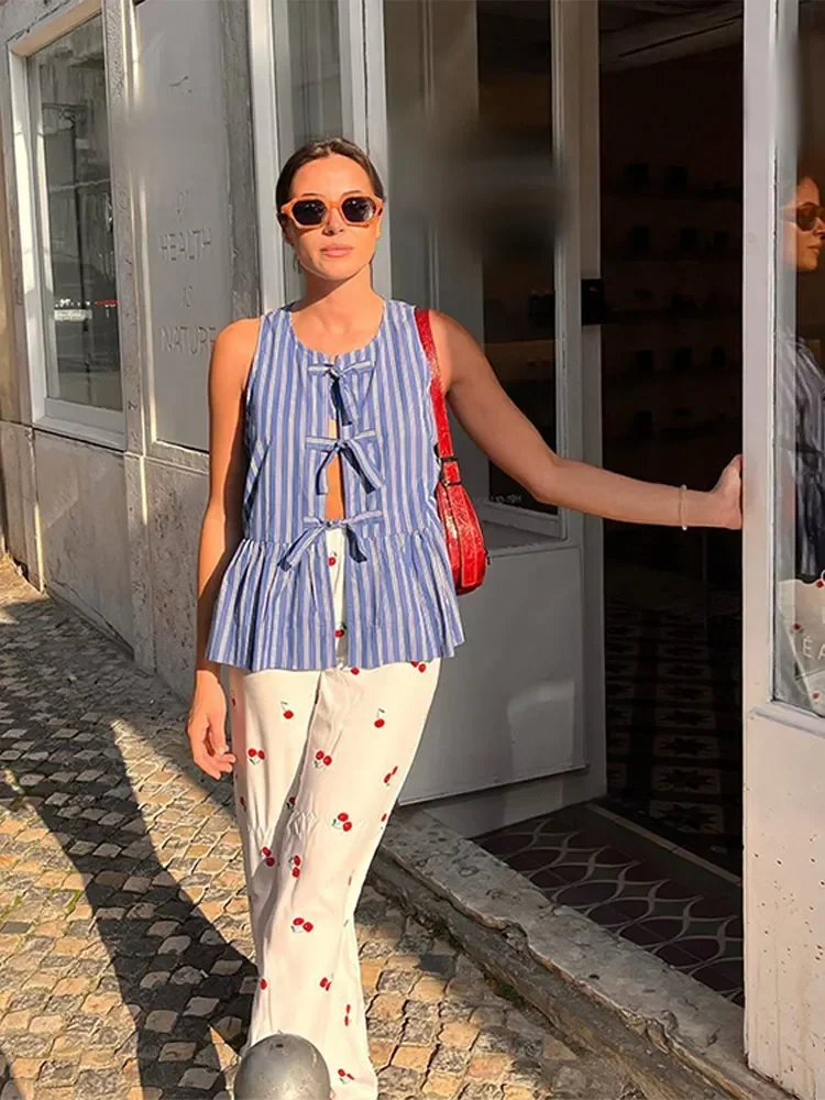 Sexy blau gestreifte Schnür weste für Frauen lässig lose aushöhlen V-Ausschnitt Weste neue Frühling Sommer weibliche Streetwear Top