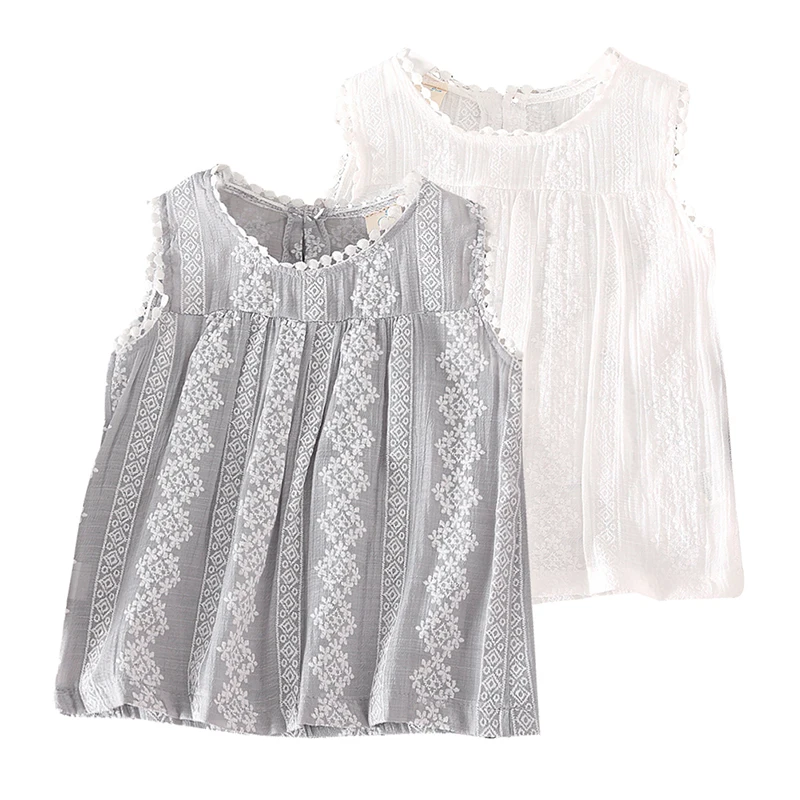 New Summer Girls Clothing Solid Lace Loose Sleeveless Tops Kids Fashion Casual Outing Blouse Cotton Skin-Friendly Pullover Tops