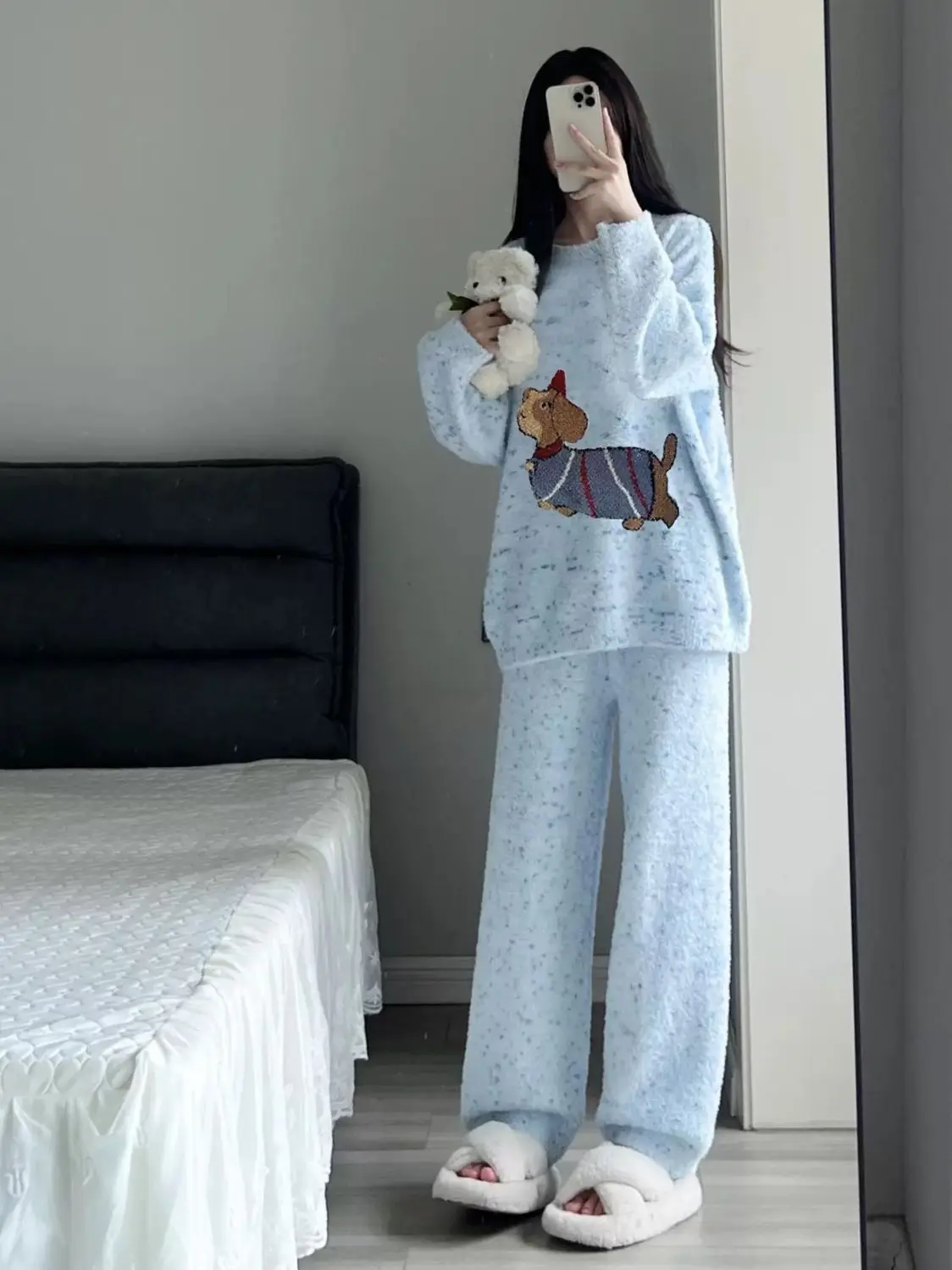 Coral Velvet Pajamas Women Winter  Sweet Cute Dog Leisure Thickened Girls Homewear Blue Soft Warm Set