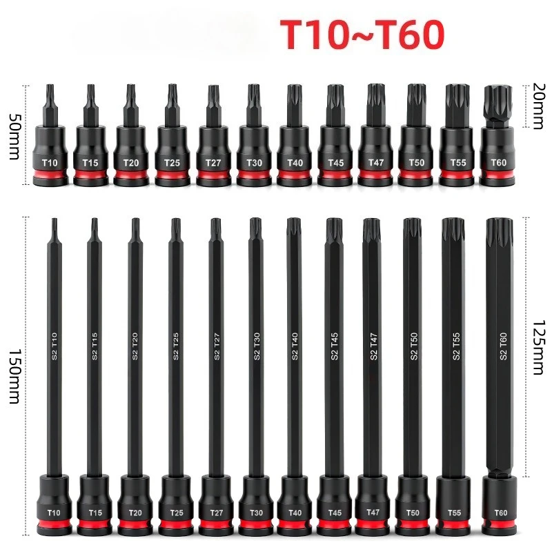 24 Pz 3/8 "Set di bussole a impatto T10-T60 Set di bussole Torx Set CR-V Chiave a bussola 150mm Presa estesa Strumento manuale Anello colorato