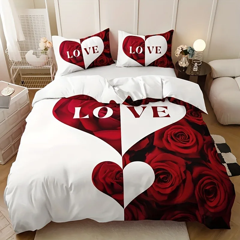 

100% Polyester Breathable Duvet Cover Set Red and White Love Heart Rose Lettering All-Season Digital Print Machine Washable