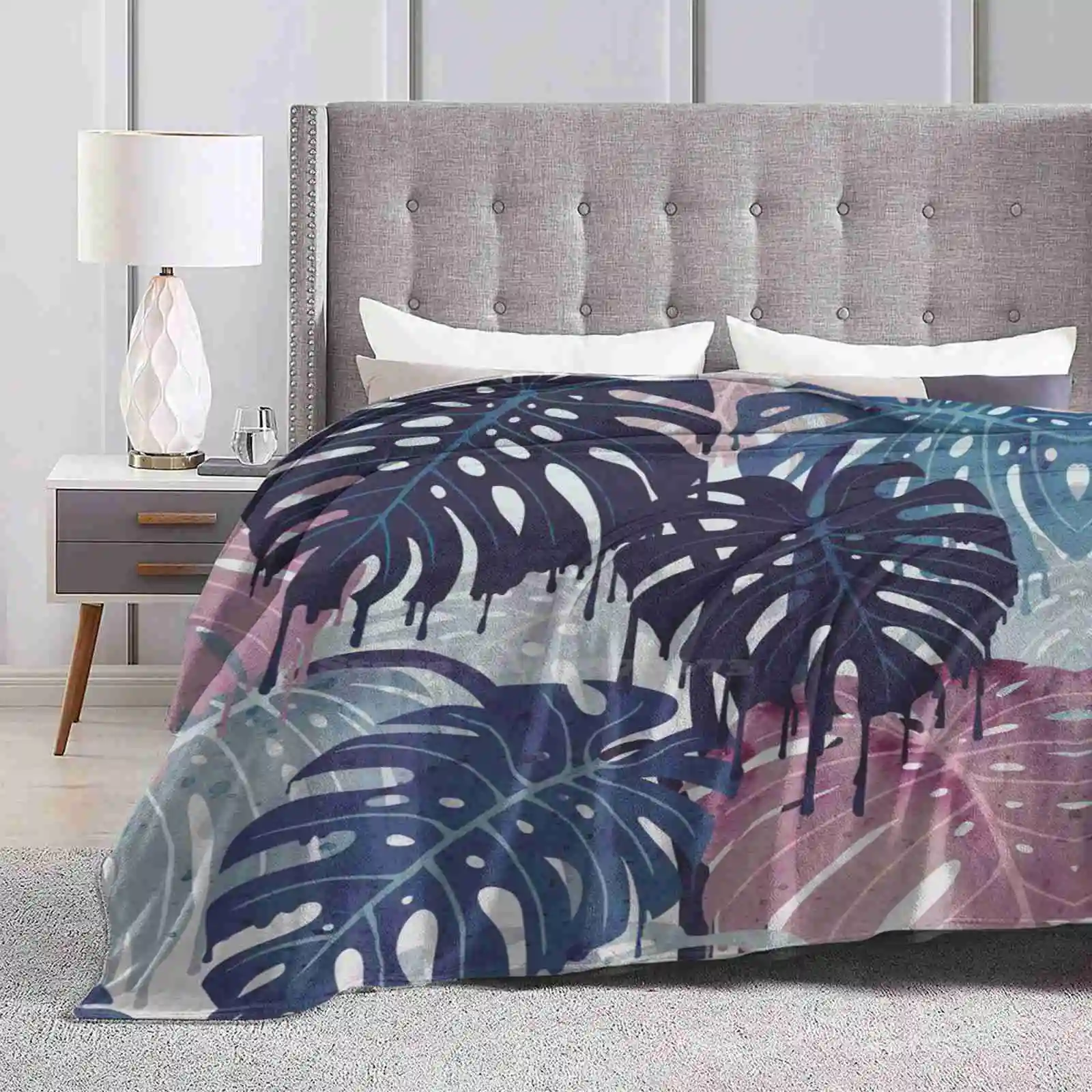 Monstera Melt Four Seasons Comfortable Warm Soft Throw Blanket Monstera Tropic Leaves Plants Aloha Melt Surreal Blue Pink